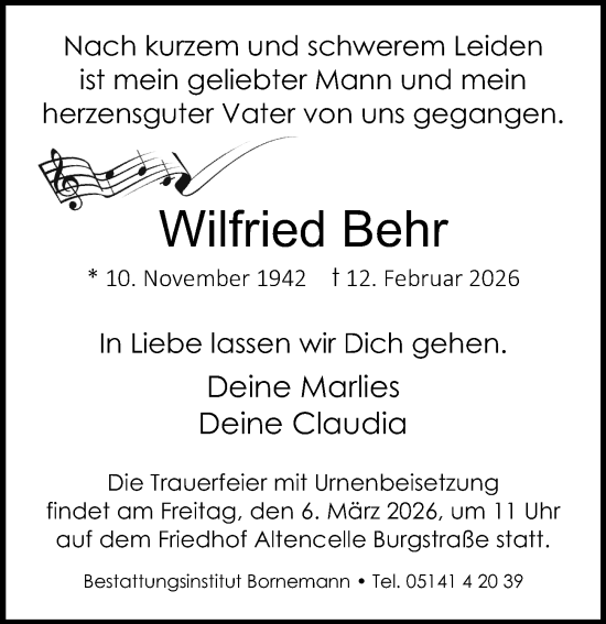Traueranzeige von Wilfried Behr von Cellesche Zeitung