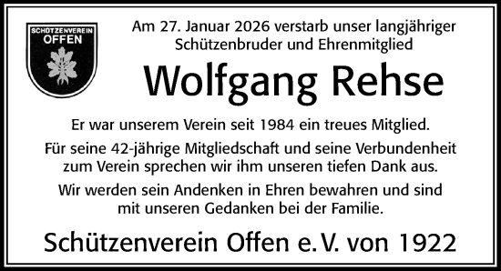 Traueranzeige von Wolfgang Rehse von Cellesche Zeitung