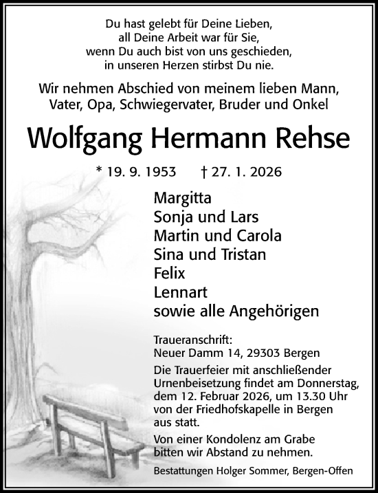 Traueranzeige von Wolfgang Hermann Rehse von Cellesche Zeitung